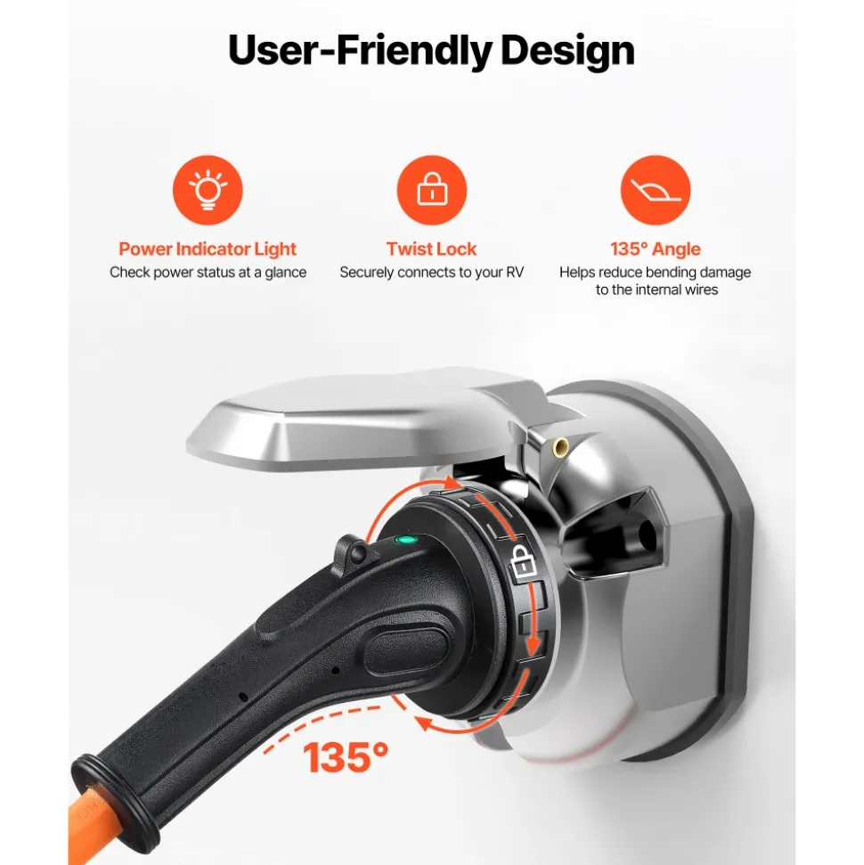 VEVOR 30 Amp 25 Feet RV Power Cord, 125V 3750W, Heavy Duty 10/3 Gauge STW Generator Cord, NEMA TT-30P to NEMA L5-30R, with Twist Lock, Indicator Light, Grip Handle, 15A Adapter, for RV Trailer, Orange