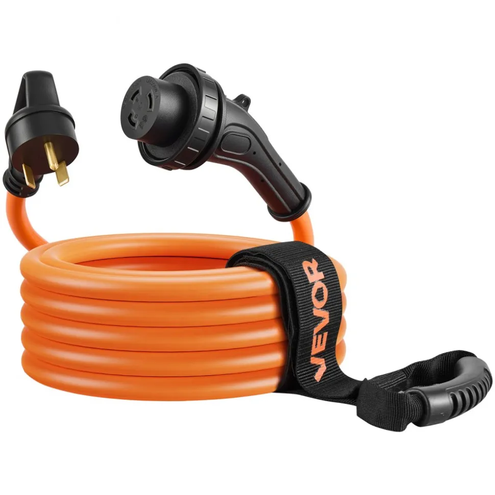 VEVOR 30 Amp 25 Feet RV Power Cord, 125V 3750W, Heavy Duty 10/3 Gauge STW Generator Cord, NEMA TT-30P to NEMA L5-30R, with Twist Lock, Indicator Light, Grip Handle, 15A Adapter, for RV Trailer, Orange