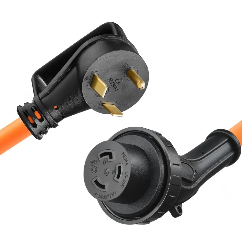 VEVOR 30 Amp 25 Feet RV Power Cord, 125V 3750W, Heavy Duty 10/3 Gauge STW Generator Cord, NEMA TT-30P to NEMA L5-30R, with Twist Lock, Indicator Light, Grip Handle, 15A Adapter, for RV Trailer, Orange