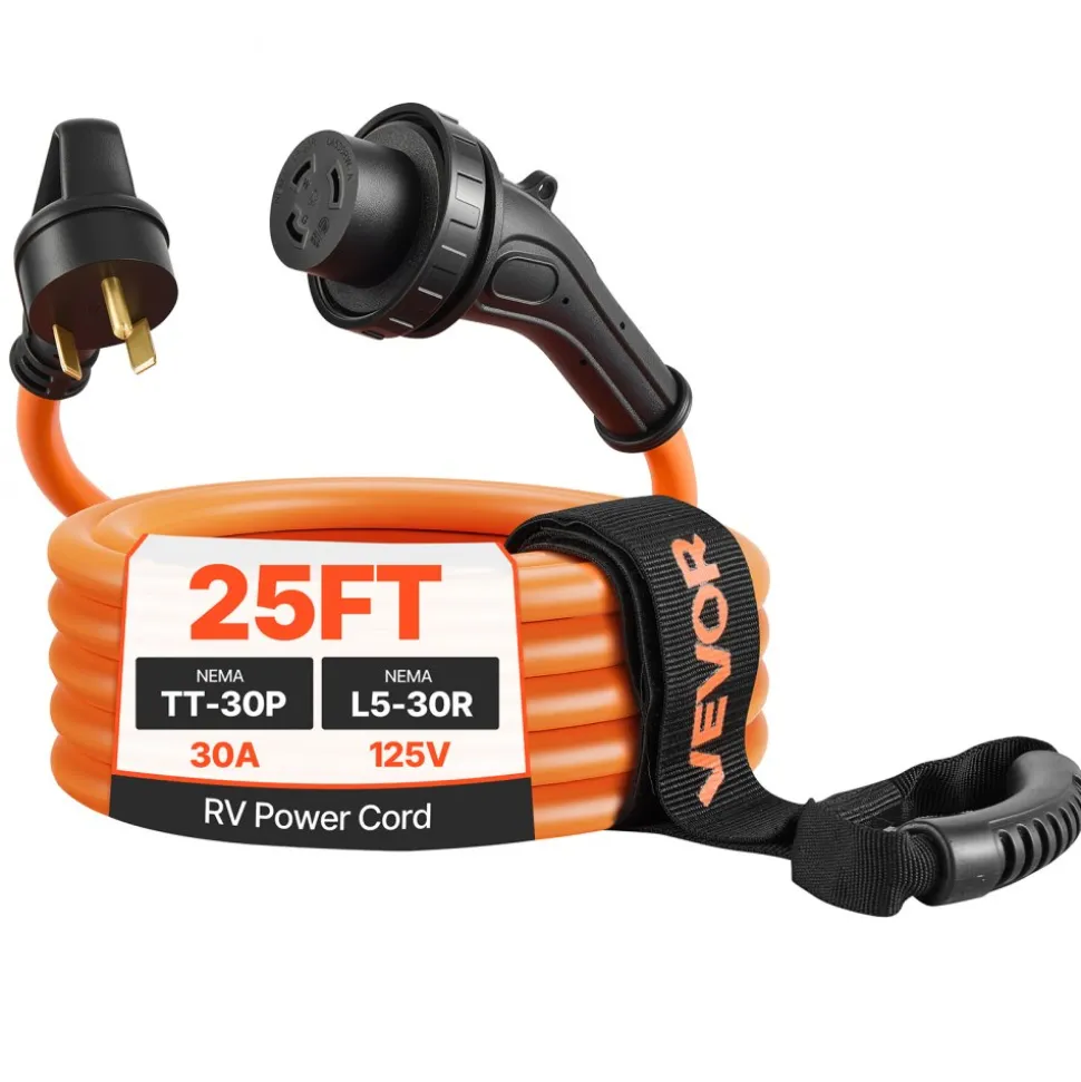 VEVOR 30 Amp 25 Feet RV Power Cord, 125V 3750W, Heavy Duty 10/3 Gauge STW Generator Cord, NEMA TT-30P to NEMA L5-30R, with Twist Lock, Indicator Light, Grip Handle, 15A Adapter, for RV Trailer, Orange