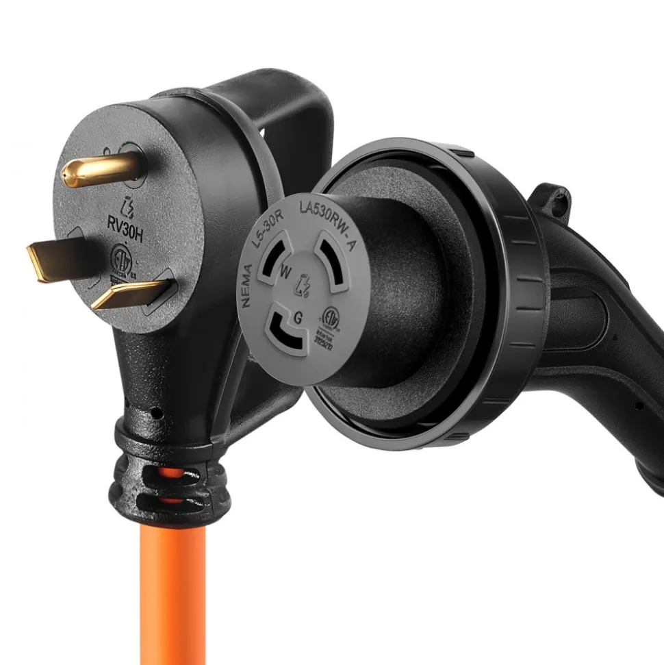 VEVOR 30 Amp 25 Feet RV Power Cord, 125V 3750W, Heavy Duty 10/3 Gauge STW Generator Cord, NEMA TT-30P to NEMA L5-30R, with Twist Lock, Indicator Light, Grip Handle, 15A Adapter, for RV Trailer, Orange