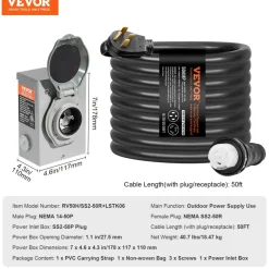 VEVOR 50 Amp Generator Cord and Power Inlet Box Kit, 20FT, NEMA 14-50P/SS2-50R STW 6/3+8/1 AWG Generator Power Cord with Twist Lock Connector, Pre-Drilled Inlet Box for Generator to House, ETL Listed