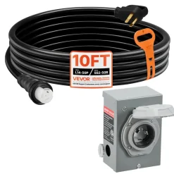 VEVOR 30 Amp Generator Cord and Power Inlet Box, 10 FT, 125/250V NEMA L14-30P to L14-30R Heavy Duty Extension Power Cord, SJTW 10 Gauge 7500W, Pre-Drilled Inlet Box, for Generator to House, ETL Listed