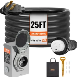 VEVOR 50 Amp Generator Cord and Power Inlet Box Kit, 25FT, NEMA 14-50P/SS2-50R STW 6/3+8/1 AWG Generator Power Cord with Twist Lock Connector, Pre-Drilled Inlet Box for Generator to House, ETL Listed