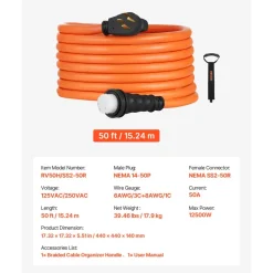 VEVOR 50 Amp Generator Cord, 50 Feet, 125/250V RV Power Cord NEMA 14-50P to SS2-50R with Twist Lock, Grip Handle, Heavy Duty 6AWG/3 + 8AWG/1 Generator Cable, for RV Camper Generator to House, Orange