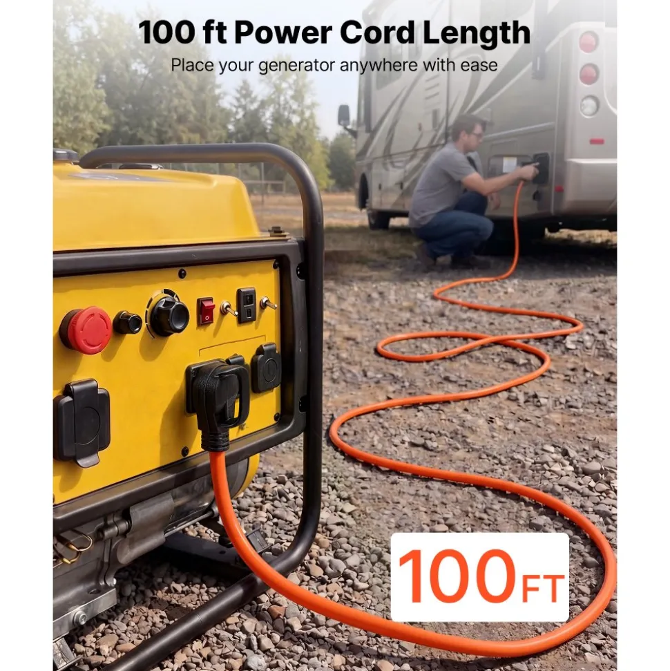 VEVOR 50 Amp Generator Cord, 100 Feet, 125/250V RV Power Cord NEMA 14-50P to SS2-50R with Twist Lock, Grip Handle, Heavy Duty 6AWG/3 + 8AWG/1 Generator Cable, for RV Camper Generator to House, Orange