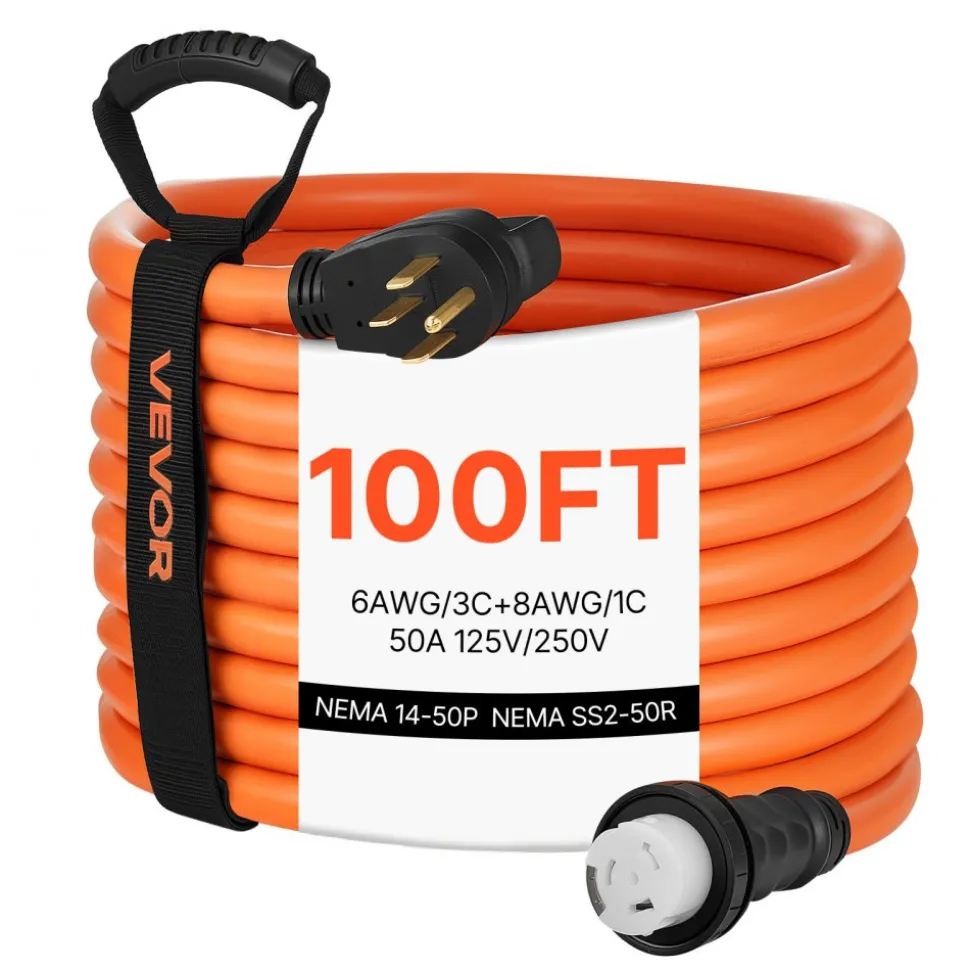 VEVOR 50 Amp Generator Cord, 100 Feet, 125/250V RV Power Cord NEMA 14-50P to SS2-50R with Twist Lock, Grip Handle, Heavy Duty 6AWG/3 + 8AWG/1 Generator Cable, for RV Camper Generator to House, Orange
