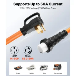 VEVOR 50 Amp Generator Cord, 100 Feet, 125/250V RV Power Cord NEMA 14-50P to SS2-50R with Twist Lock, Grip Handle, Heavy Duty 6AWG/3 + 8AWG/1 Generator Cable, for RV Camper Generator to House, Orange