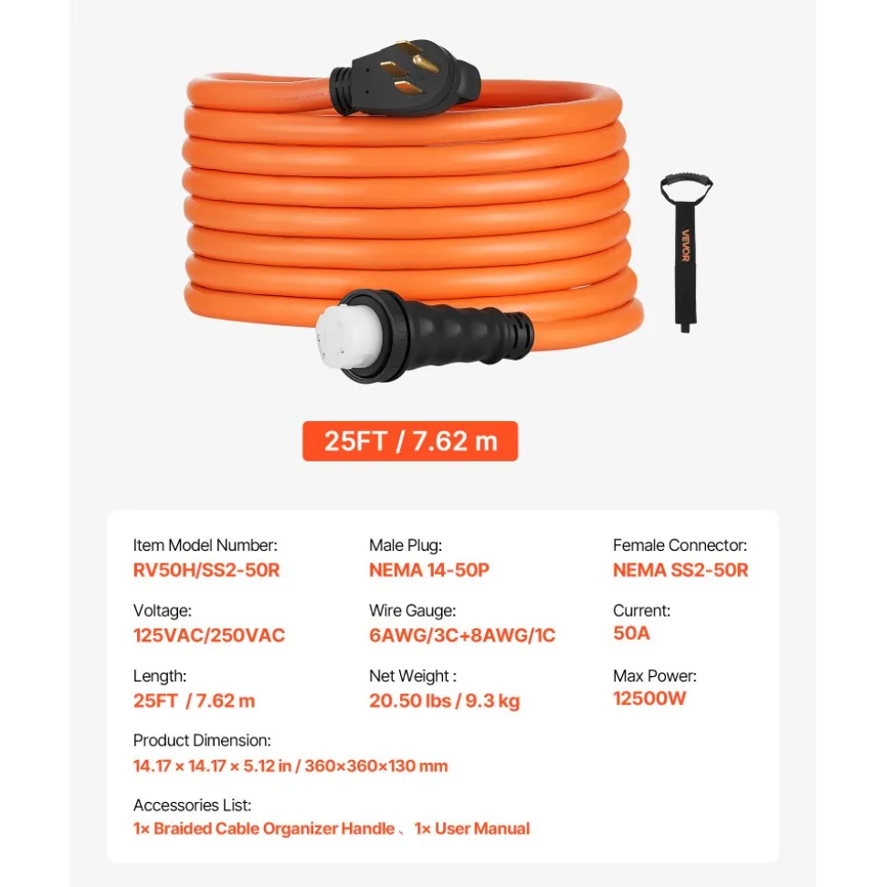 VEVOR 50 Amp Generator Cord, 25 Feet, 125/250V RV Power Cord NEMA 14-50P to SS2-50R with Twist Lock, Grip Handle, Heavy Duty 6AWG/3 + 8AWG/1 Generator Cable, for RV Camper Generator to House, Orange
