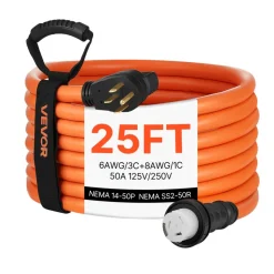 VEVOR 50 Amp Generator Cord, 25 Feet, 125/250V RV Power Cord NEMA 14-50P to SS2-50R with Twist Lock, Grip Handle, Heavy Duty 6AWG/3 + 8AWG/1 Generator Cable, for RV Camper Generator to House, Orange