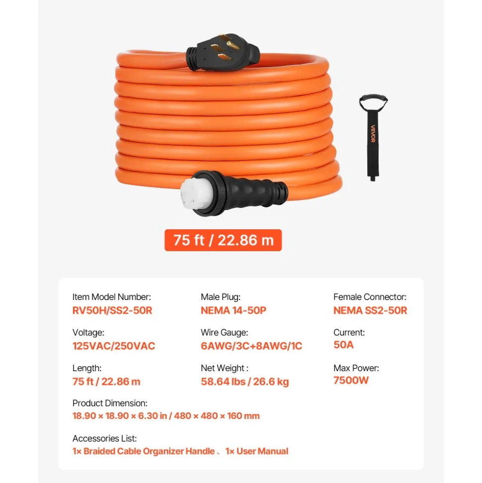 VEVOR 50 Amp Generator Cord, 75 Feet, 125/250V RV Power Cord NEMA 14-50P to SS2-50R with Twist Lock, Grip Handle, Heavy Duty 6AWG/3 + 8AWG/1 Generator Cable, for RV Camper Generator to House, Orange