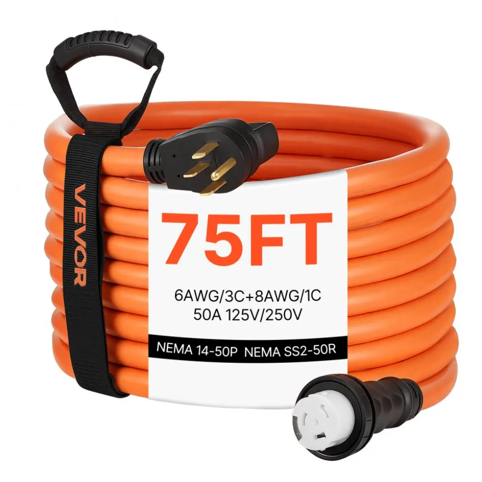 VEVOR 50 Amp Generator Cord, 75 Feet, 125/250V RV Power Cord NEMA 14-50P to SS2-50R with Twist Lock, Grip Handle, Heavy Duty 6AWG/3 + 8AWG/1 Generator Cable, for RV Camper Generator to House, Orange