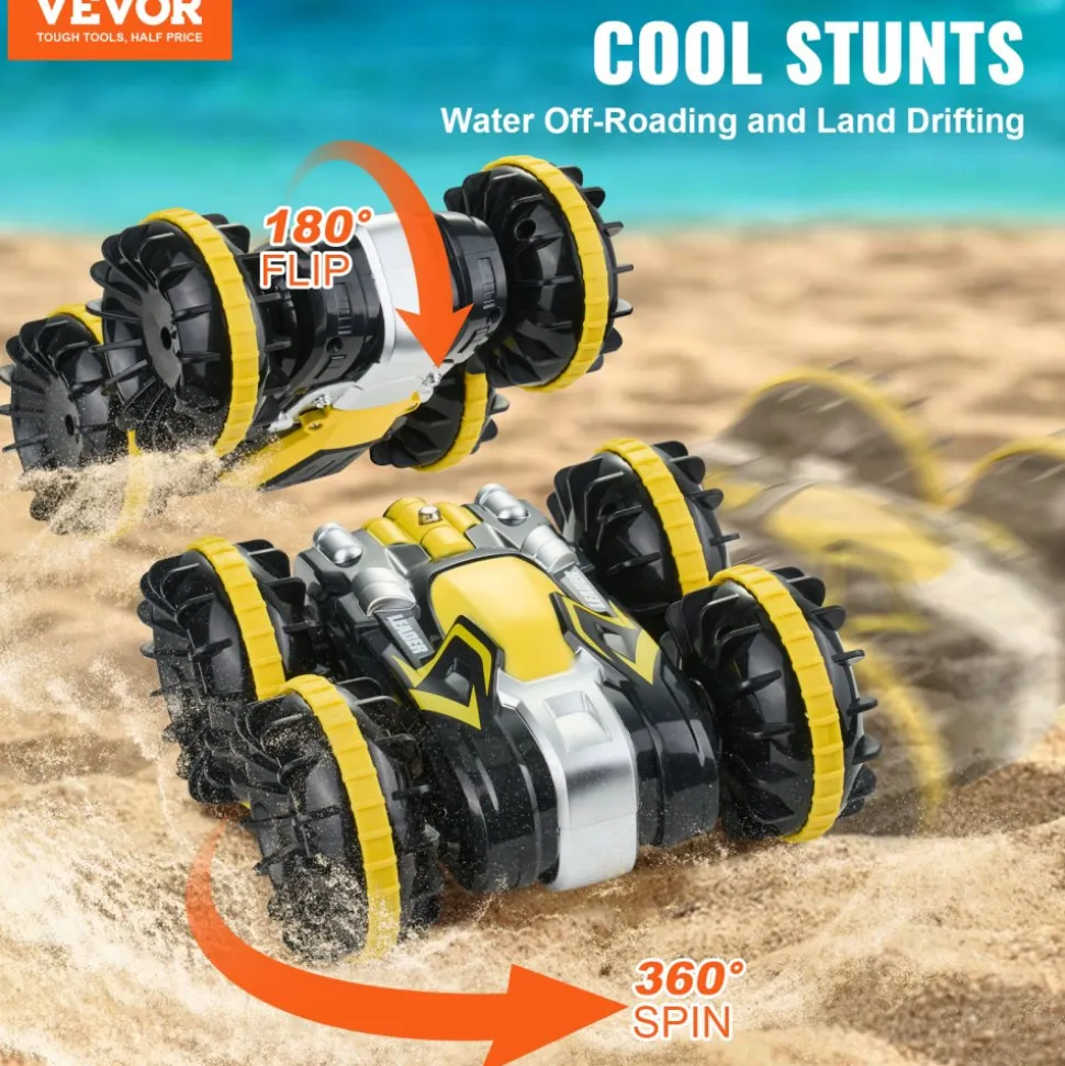 VEVOR Amphibious Remote Control Car Boat, 2.4GHz 12 km/h, 4WD Waterproof RC Car for Kids, 360° Rotating Stunt Car with 2 Batteries, All Terrain Water Beach Pool Toy for 6+ Year Old Boys Girls, Yellow