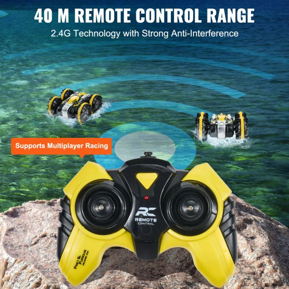 VEVOR Amphibious Remote Control Car Boat, 2.4GHz 12 km/h, 4WD Waterproof RC Car for Kids, 360° Rotating Stunt Car with 2 Batteries, All Terrain Water Beach Pool Toy for 6+ Year Old Boys Girls, Yellow