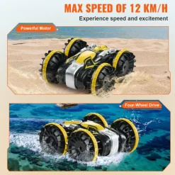VEVOR Amphibious Remote Control Car Boat, 2.4GHz 12 km/h, 4WD Waterproof RC Car for Kids, 360° Rotating Stunt Car with 2 Batteries, All Terrain Water Beach Pool Toy for 6+ Year Old Boys Girls, Yellow