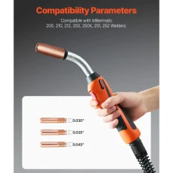 VEVOR 250Amp Mig Welding Gun with 15FT Cable, Compatible with Millermatic 200, 210, 212, 250, 250X, 251, 252 Welders, Suitable for 0.030