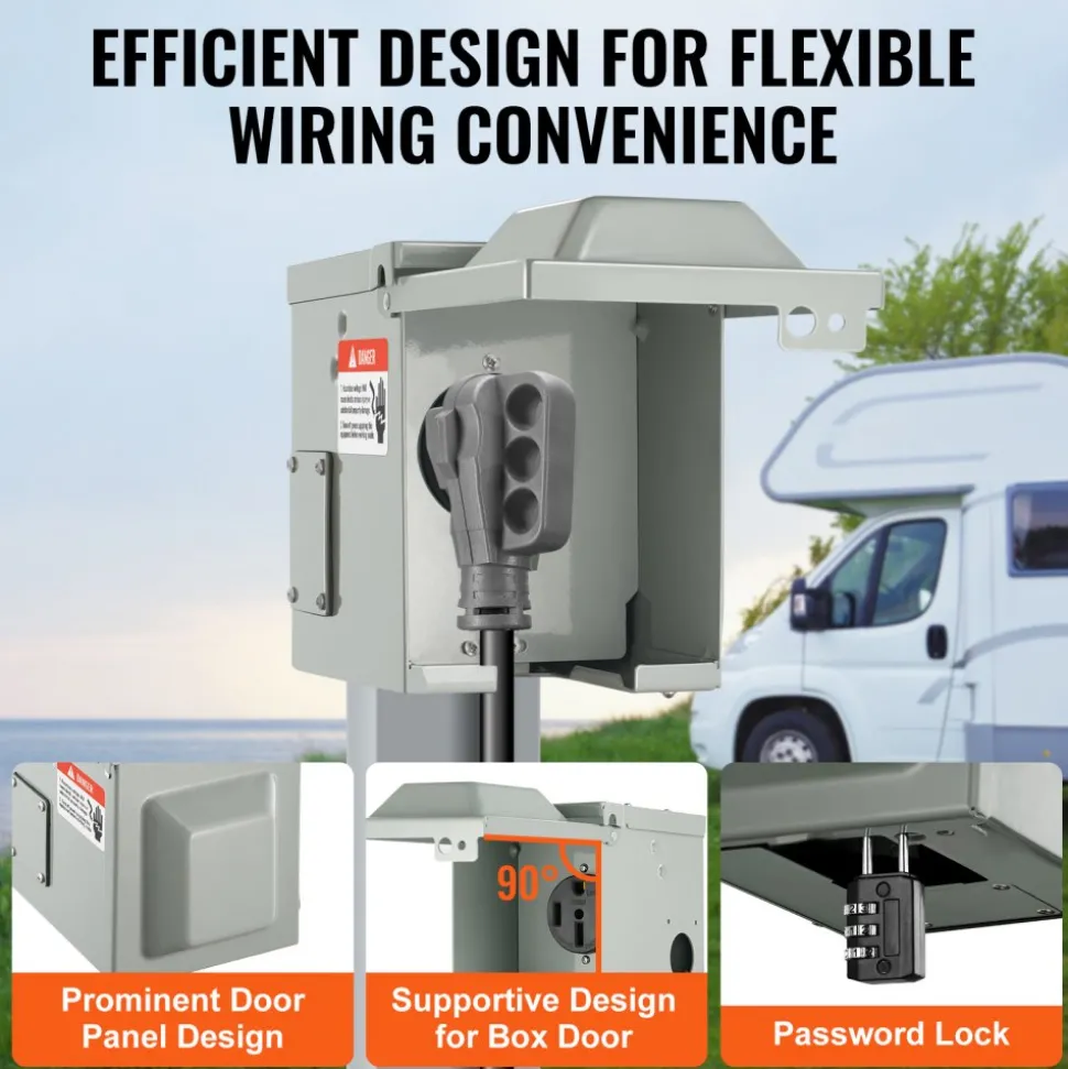 VEVOR 50 Amp RV Power Outlet Box, 125/250 Volt, Enclosed Lockable Outdoor RV Receptacle Box, NEMA 14-50R Weatherproof Electrical Panel, for RV Camper Trailer Motorhome