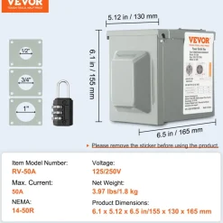 VEVOR 50 Amp RV Power Outlet Box, 125/250 Volt, Enclosed Lockable Outdoor RV Receptacle Box, NEMA 14-50R Weatherproof Electrical Panel, for RV Camper Trailer Motorhome