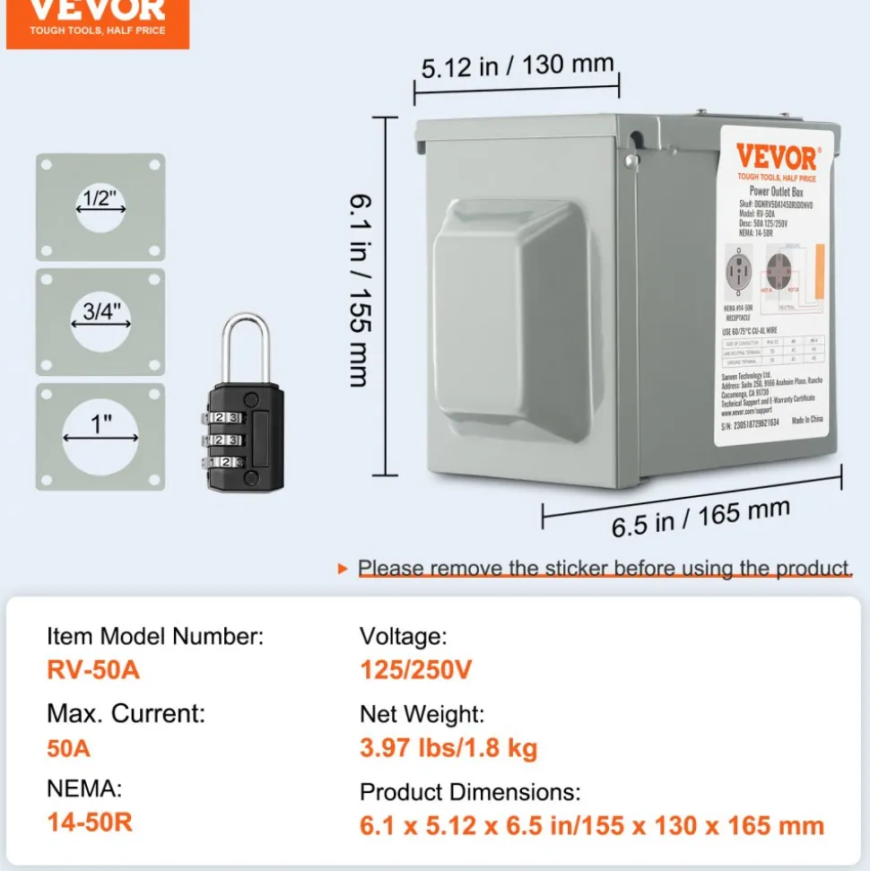 VEVOR 50 Amp RV Power Outlet Box, 125/250 Volt, Enclosed Lockable Outdoor RV Receptacle Box, NEMA 14-50R Weatherproof Electrical Panel, for RV Camper Trailer Motorhome
