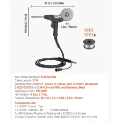 VEVOR 135Amp Spool Gun with 10FT Cable, Replacement for Miller Spoolmate 100 - with 11PCS Mig Welding Contact Tips & ER4043 0.035