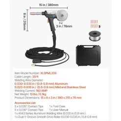 VEVOR 160Amp Spool Gun with 20FT Cable, Replacement for Miller Spoolmate 200 Series (300497) - with 11PCS Mig Welding Contact Tips, ER4043 0.035