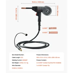 VEVOR 200Amp Spool Gun with 10FT Cable, Compatible with W Weldpro MlG200GDsv200 and MIG155GD Welders, Suitable for 0.030