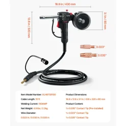 VEVOR 100Amp Spool Gun with 10FT Cable, Compatible with Hobart Handler 210 MVP Mig Welders, Suitable for 0.023