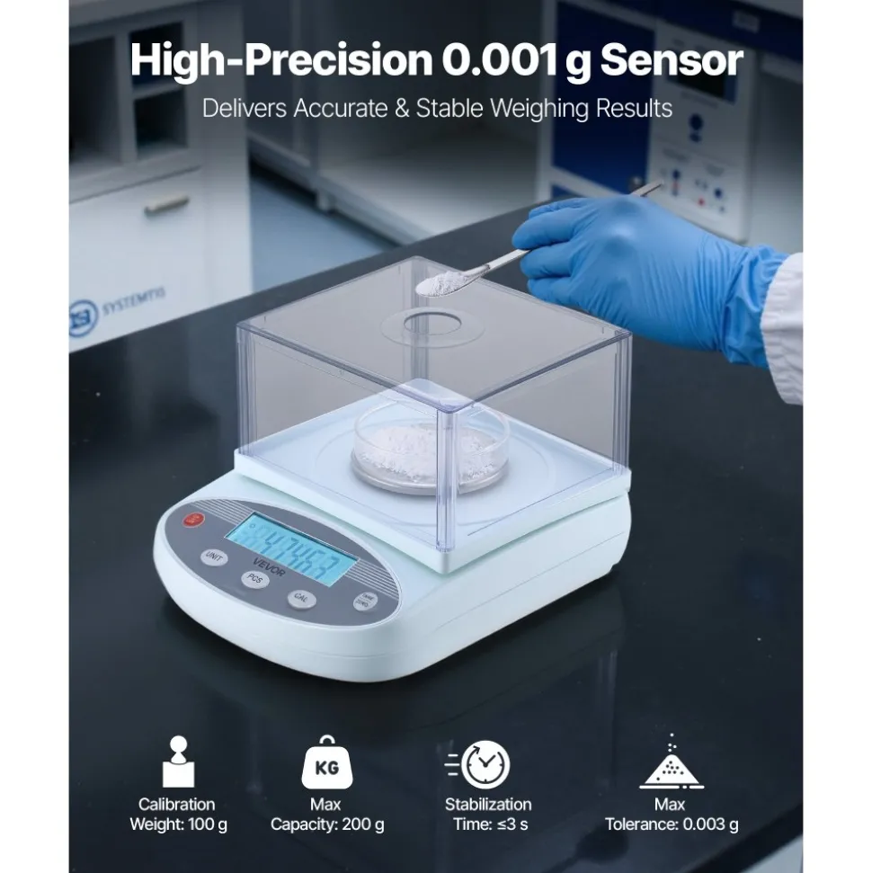 VEVOR Analytical Balance, 200 g x 0.001 g, High Precision Accuracy Lab Scale, 13 Units Electronic Digital Analytical Balance with Glass Draft Shield and Weighing Pan, for Laboratory Jewelry Pharmacy