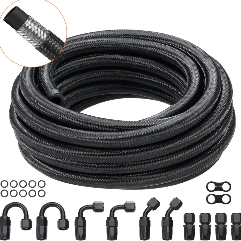 VEVOR 8AN Fuel Line Kit, 20 FT Fuel Hose Kit, 0.43" Nylon Stainless Steel Braided Fuel Line Oil/Gas/Diesel Hose End Fitting Kit, with 12 PCS Swivel Fitting Adapter Kit, Black