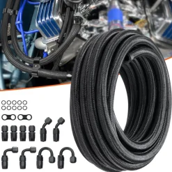 VEVOR 8AN Fuel Line Kit, 20 FT Fuel Hose Kit, 0.43" Nylon Stainless Steel Braided Fuel Line Oil/Gas/Diesel Hose End Fitting Kit, with 12 PCS Swivel Fitting Adapter Kit, Black