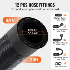 VEVOR 8AN Fuel Line Kit, 20 FT Fuel Hose Kit, 0.43