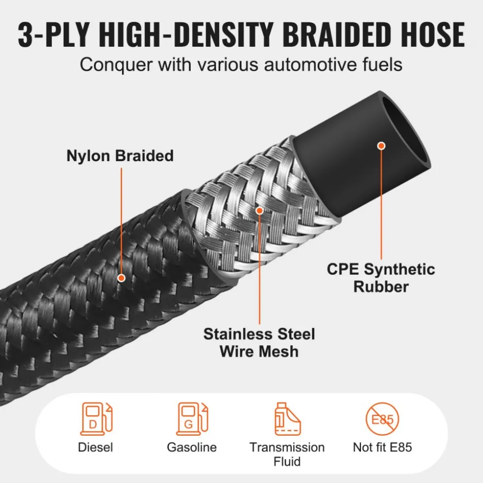 VEVOR 8AN Fuel Line Kit, 20 FT Fuel Hose Kit, 0.43" Nylon Stainless Steel Braided Fuel Line Oil/Gas/Diesel Hose End Fitting Kit, with 12 PCS Swivel Fitting Adapter Kit, Black