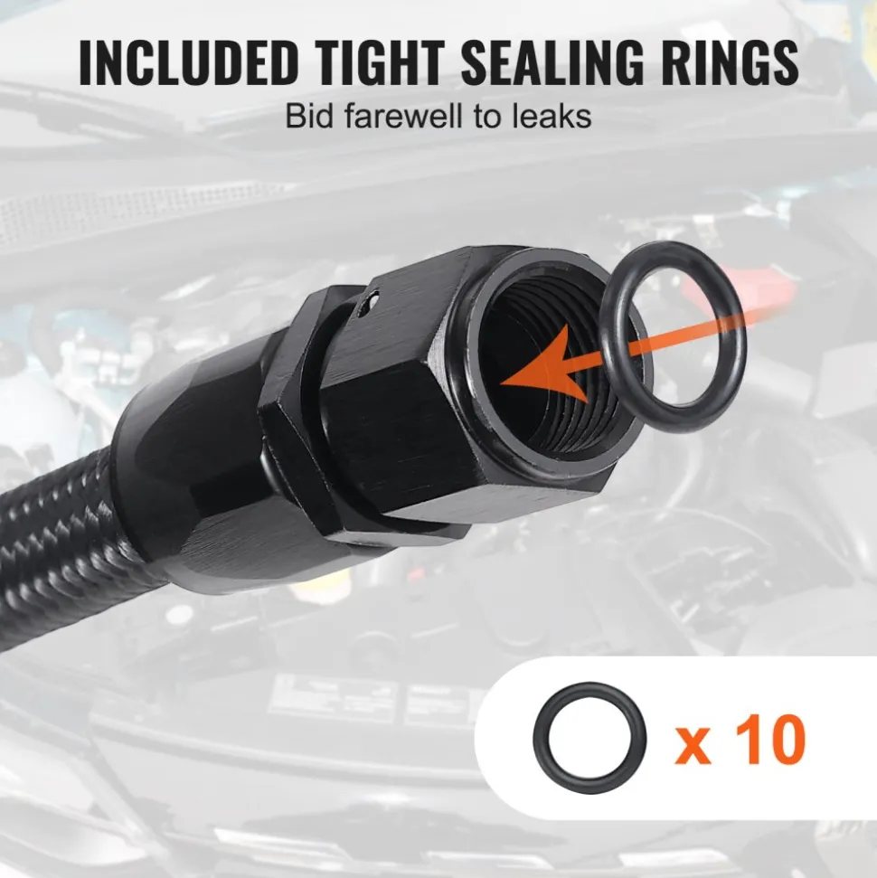 VEVOR 8AN Fuel Line Kit, 20 FT Fuel Hose Kit, 0.43" Nylon Stainless Steel Braided Fuel Line Oil/Gas/Diesel Hose End Fitting Kit, with 12 PCS Swivel Fitting Adapter Kit, Black