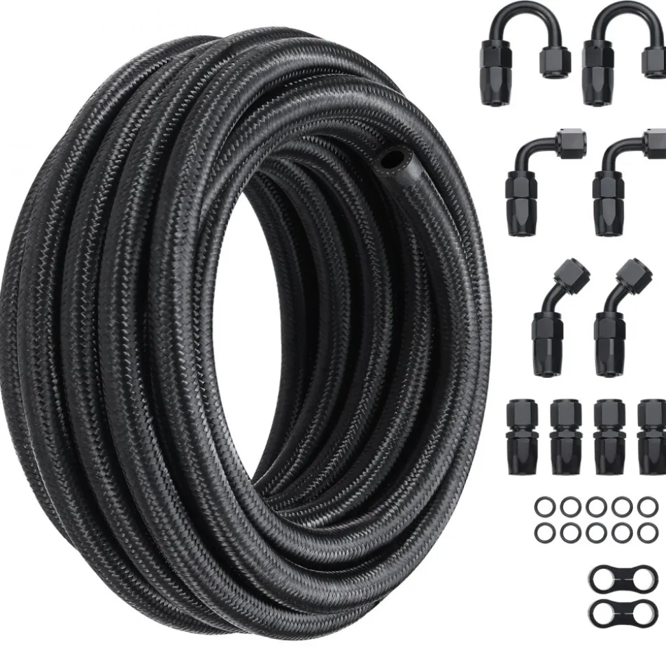 VEVOR 8AN Fuel Line Kit, 20 FT Fuel Hose Kit, 0.43" Nylon Stainless Steel Braided Fuel Line Oil/Gas/Diesel Hose End Fitting Kit, with 12 PCS Swivel Fitting Adapter Kit, Black