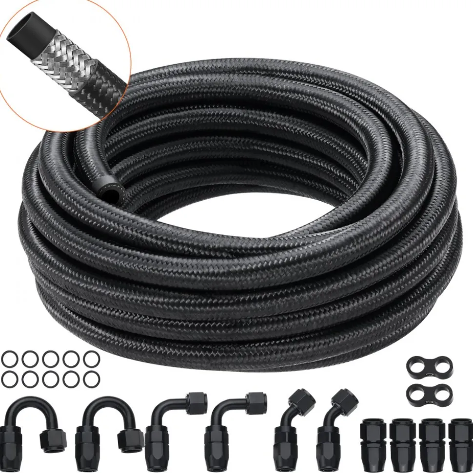 VEVOR 6AN Fuel Line Kit, 20 FT Fuel Hose Kit, 0.34" Nylon Stainless Steel Braided Fuel Line Oil/Gas/Diesel Hose End Fitting Kit, with 12 PCS Swivel Fitting Adapter Kit, Black