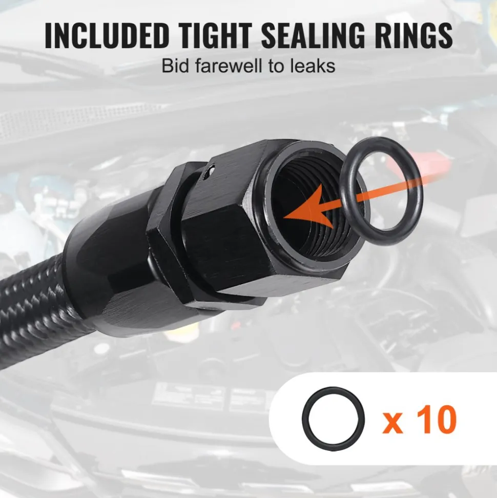 VEVOR 6AN Fuel Line Kit, 20 FT Fuel Hose Kit, 0.34" Nylon Stainless Steel Braided Fuel Line Oil/Gas/Diesel Hose End Fitting Kit, with 12 PCS Swivel Fitting Adapter Kit, Black