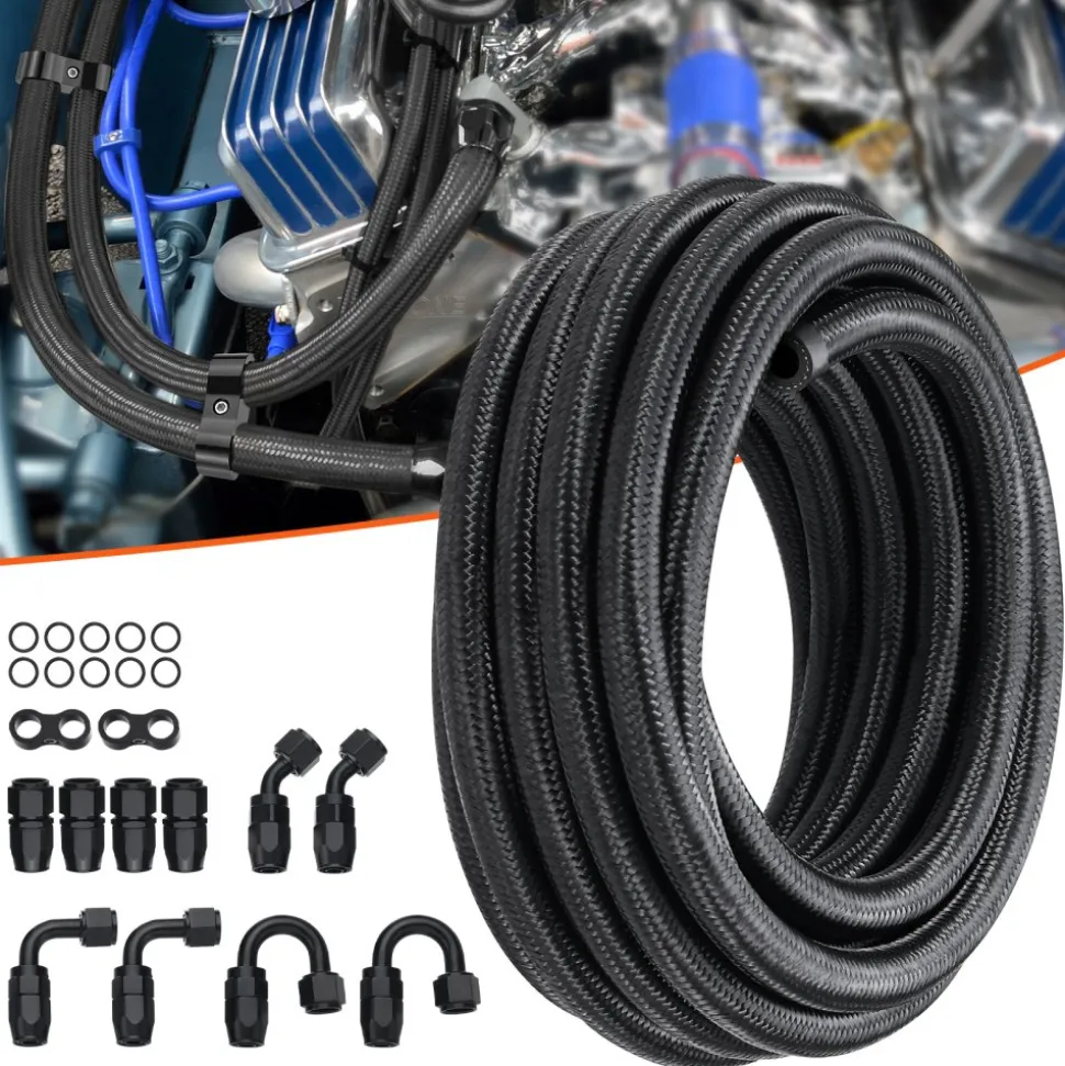 VEVOR 6AN Fuel Line Kit, 20 FT Fuel Hose Kit, 0.34" Nylon Stainless Steel Braided Fuel Line Oil/Gas/Diesel Hose End Fitting Kit, with 12 PCS Swivel Fitting Adapter Kit, Black