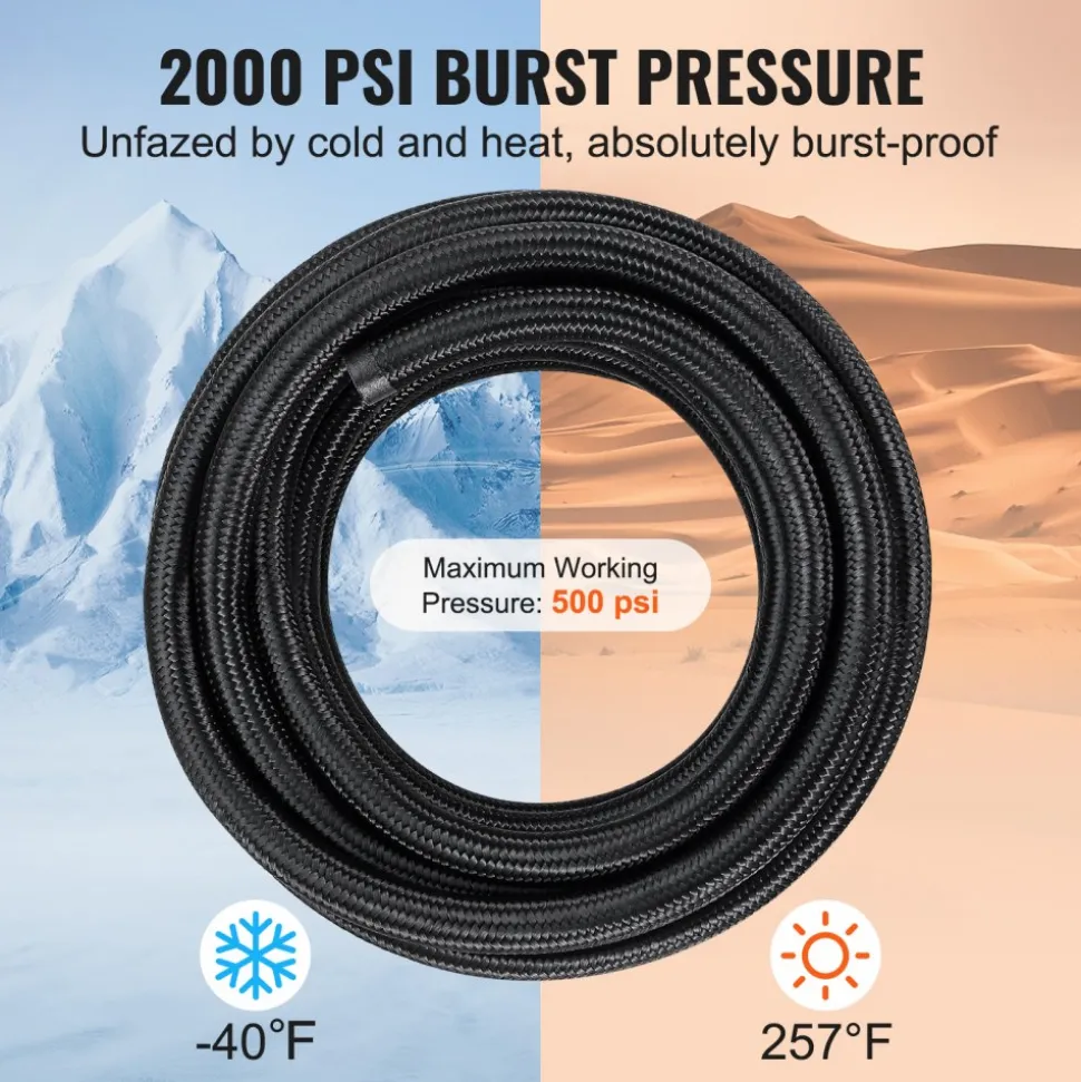 VEVOR 6AN Fuel Line Kit, 20 FT Fuel Hose Kit, 0.34" Nylon Stainless Steel Braided Fuel Line Oil/Gas/Diesel Hose End Fitting Kit, with 12 PCS Swivel Fitting Adapter Kit, Black