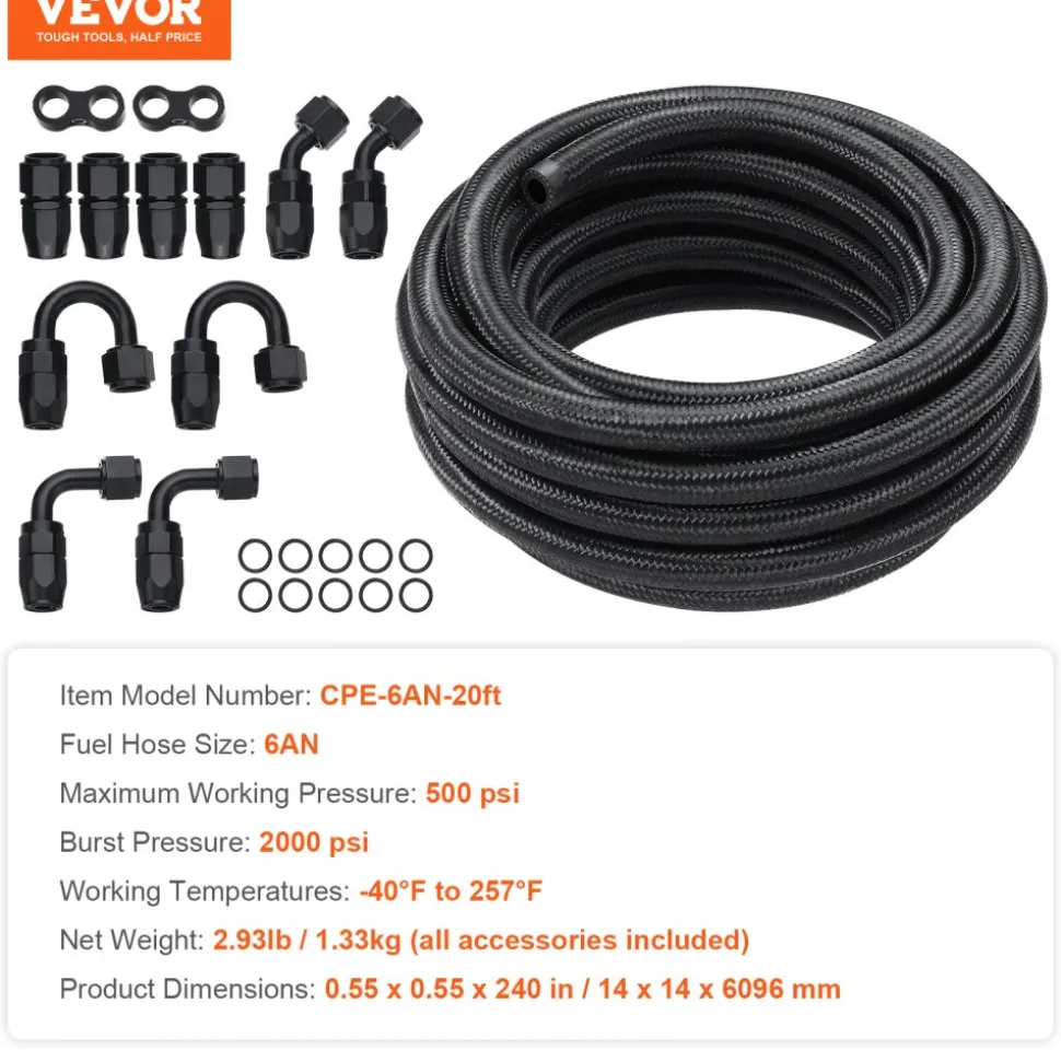 VEVOR 6AN Fuel Line Kit, 20 FT Fuel Hose Kit, 0.34" Nylon Stainless Steel Braided Fuel Line Oil/Gas/Diesel Hose End Fitting Kit, with 12 PCS Swivel Fitting Adapter Kit, Black