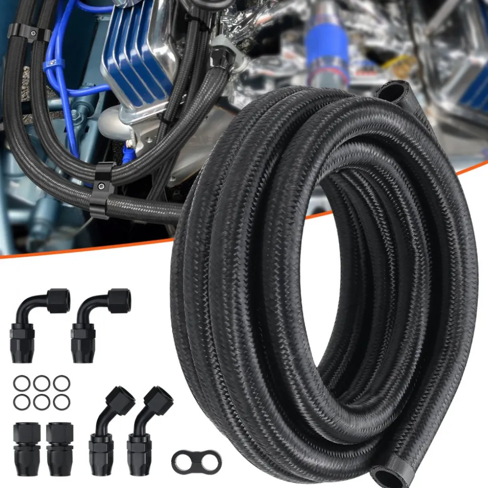 VEVOR 10AN Fuel Line Kit, 10 FT Fuel Hose Kit, 0.55" Nylon Stainless Steel Braided Fuel Line Oil/Gas/Diesel Hose End Fitting Kit, with 7 PCS Swivel Fitting Adapter Kit, Black