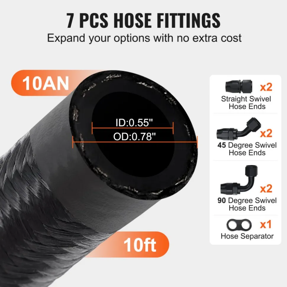 VEVOR 10AN Fuel Line Kit, 10 FT Fuel Hose Kit, 0.55" Nylon Stainless Steel Braided Fuel Line Oil/Gas/Diesel Hose End Fitting Kit, with 7 PCS Swivel Fitting Adapter Kit, Black
