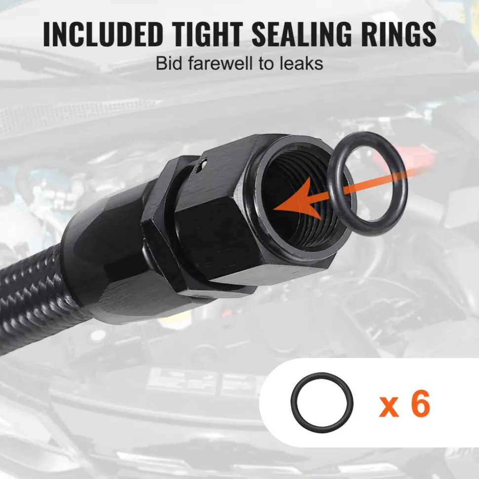 VEVOR 10AN Fuel Line Kit, 10 FT Fuel Hose Kit, 0.55" Nylon Stainless Steel Braided Fuel Line Oil/Gas/Diesel Hose End Fitting Kit, with 7 PCS Swivel Fitting Adapter Kit, Black