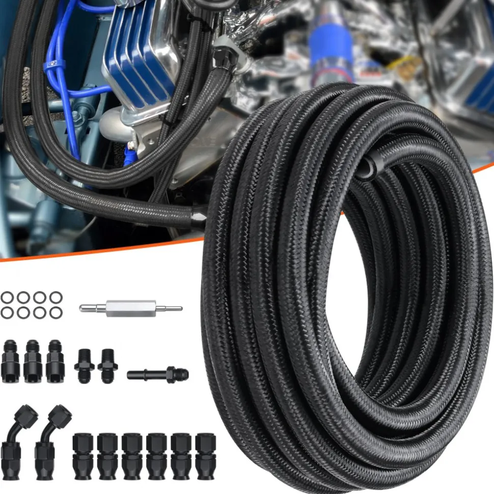 VEVOR 6AN Fuel Line Kit, 25 FT Fuel Hose Kit, 5/16" Nylon Stainless Steel Braided PTFE Fuel Line Kit, E85/Oil/Gas/Diesel Hose End Fitting Kit, with 15 PCS Swivel Fitting Adapter Kit, Black