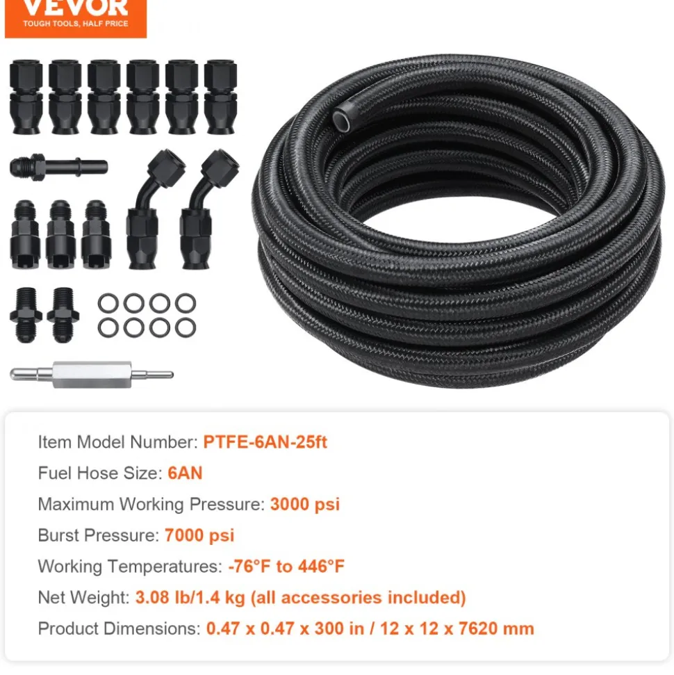 VEVOR 6AN Fuel Line Kit, 25 FT Fuel Hose Kit, 5/16" Nylon Stainless Steel Braided PTFE Fuel Line Kit, E85/Oil/Gas/Diesel Hose End Fitting Kit, with 15 PCS Swivel Fitting Adapter Kit, Black