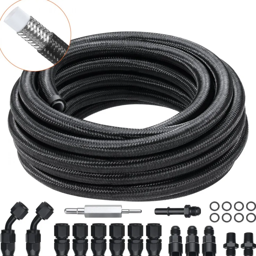 VEVOR 6AN Fuel Line Kit, 25 FT Fuel Hose Kit, 5/16" Nylon Stainless Steel Braided PTFE Fuel Line Kit, E85/Oil/Gas/Diesel Hose End Fitting Kit, with 15 PCS Swivel Fitting Adapter Kit, Black