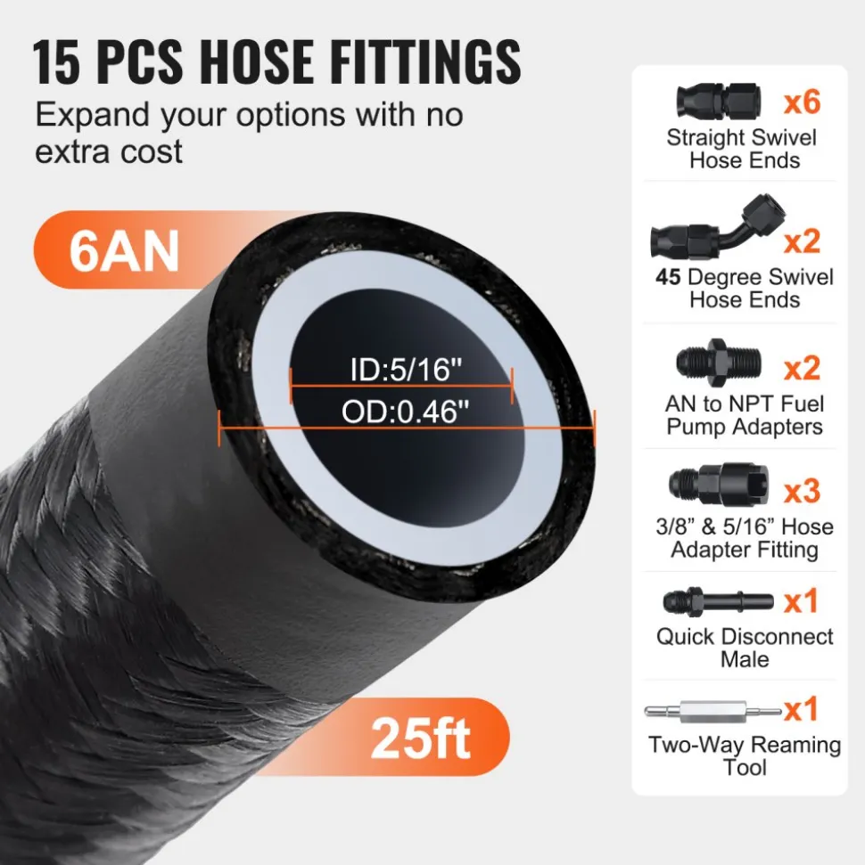 VEVOR 6AN Fuel Line Kit, 25 FT Fuel Hose Kit, 5/16" Nylon Stainless Steel Braided PTFE Fuel Line Kit, E85/Oil/Gas/Diesel Hose End Fitting Kit, with 15 PCS Swivel Fitting Adapter Kit, Black