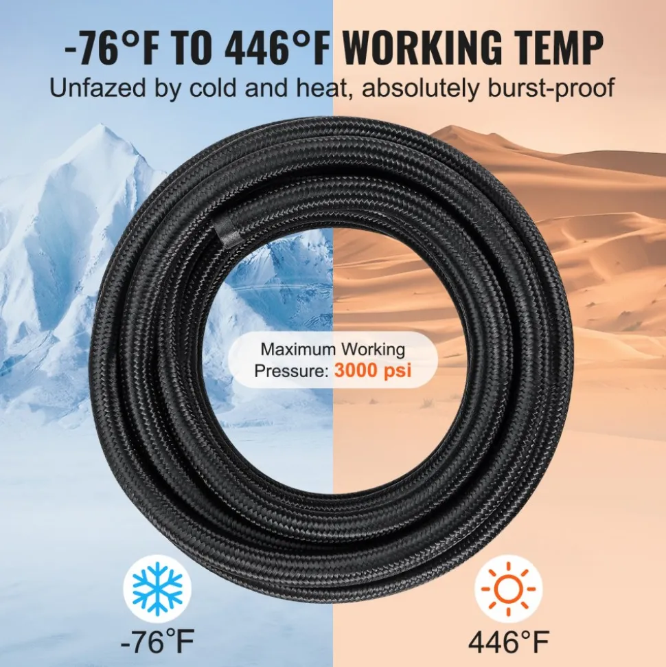 VEVOR 6AN Fuel Line Kit, 25 FT Fuel Hose Kit, 5/16" Nylon Stainless Steel Braided PTFE Fuel Line Kit, E85/Oil/Gas/Diesel Hose End Fitting Kit, with 15 PCS Swivel Fitting Adapter Kit, Black