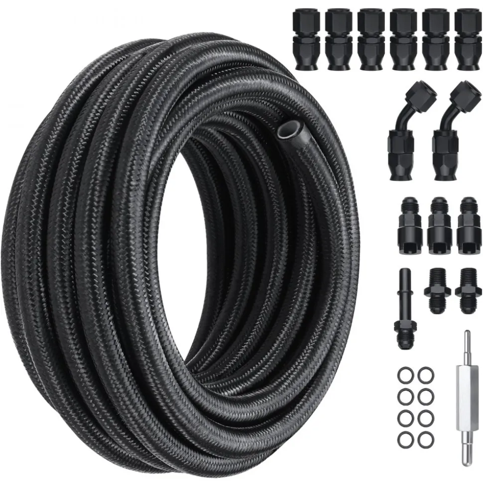 VEVOR 6AN Fuel Line Kit, 25 FT Fuel Hose Kit, 5/16" Nylon Stainless Steel Braided PTFE Fuel Line Kit, E85/Oil/Gas/Diesel Hose End Fitting Kit, with 15 PCS Swivel Fitting Adapter Kit, Black