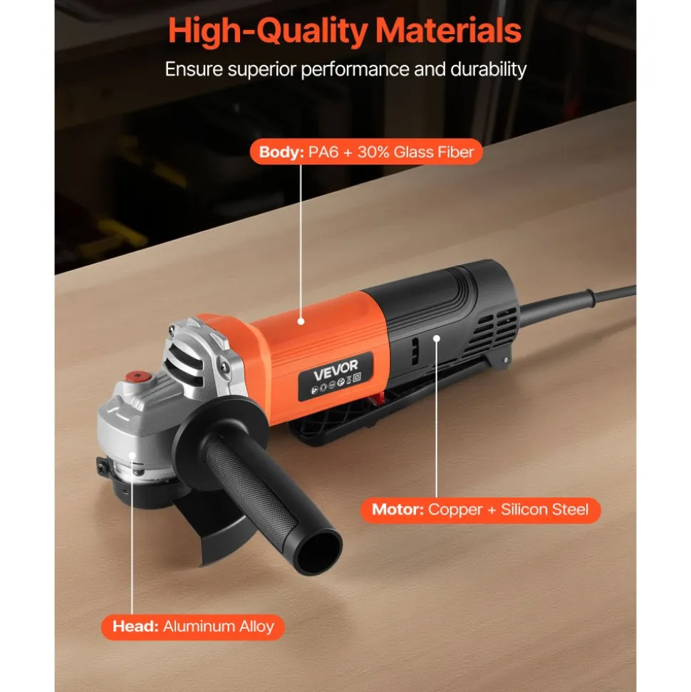 VEVOR Angle Grinder, 4-1/2" Electric Grinder Power Tool, 8Amps 12000RPM High-Speed Corded Angle Grinders with 230° Adjustable Dust Guard for Metal Grinding, Cutting, Rust Removal (Disc Not Included)