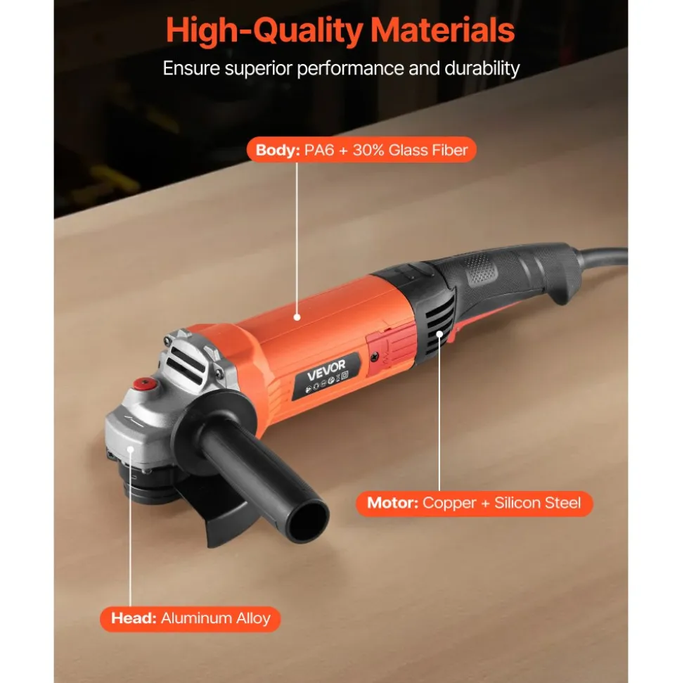 VEVOR Angle Grinder, 5" Electric Grinder Power Tool, 10Amps 10000RPM High-Speed Corded Angle Grinders with 230° Adjustable Dust Guard for Metal Grinding, Cutting, Rust Removal (Disc Not Included)